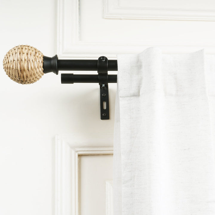Black Double Curtain Pole with Wicker Ball Finials | Extendable & Adjustable | 28-144 Inch