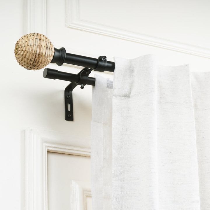 Black Double Curtain Pole with Wicker Ball Finials | Extendable & Adjustable | 28-144 Inch