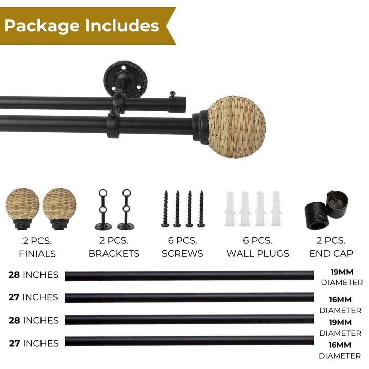 Black Double Curtain Pole with Wicker Ball Finials | Extendable & Adjustable | 28-144 Inch
