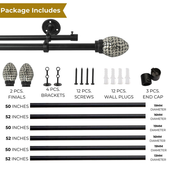 Double Curtain Pole | Black Nickel | Extendable & Adjustable | 28-144 Inch | Includes Finials