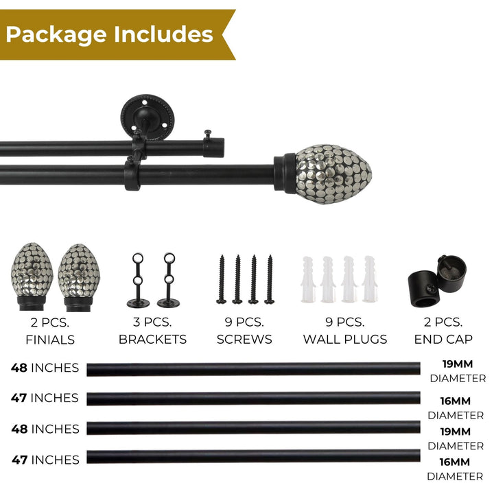 Double Curtain Pole | Black Nickel | Extendable & Adjustable | 28-144 Inch | Includes Finials
