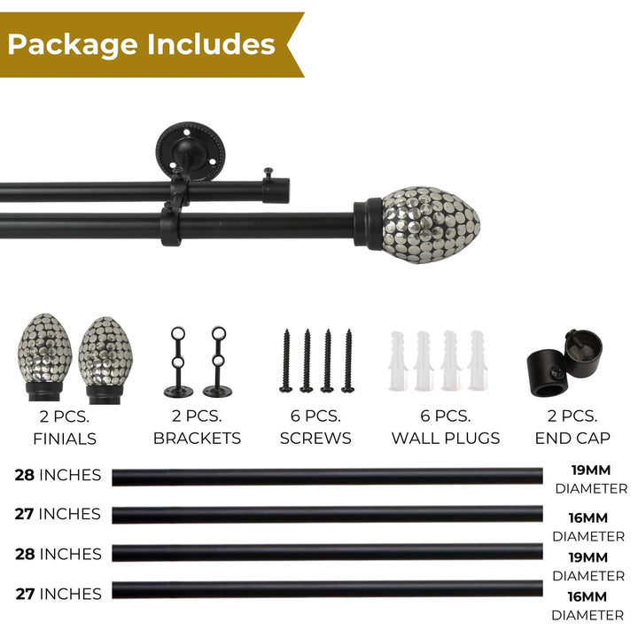 Double Curtain Pole | Black Nickel | Extendable & Adjustable | 28-144 Inch | Includes Finials