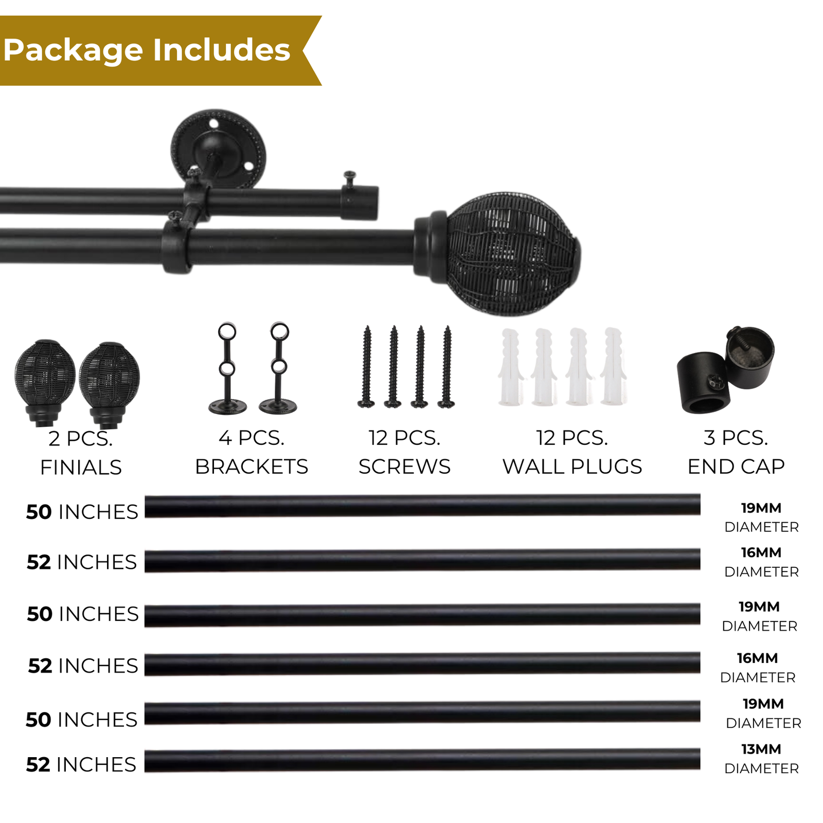Double Curtain Pole | Matt Black | Extendable & Adjustable | 28-144 Inch | Includes Ball Finials