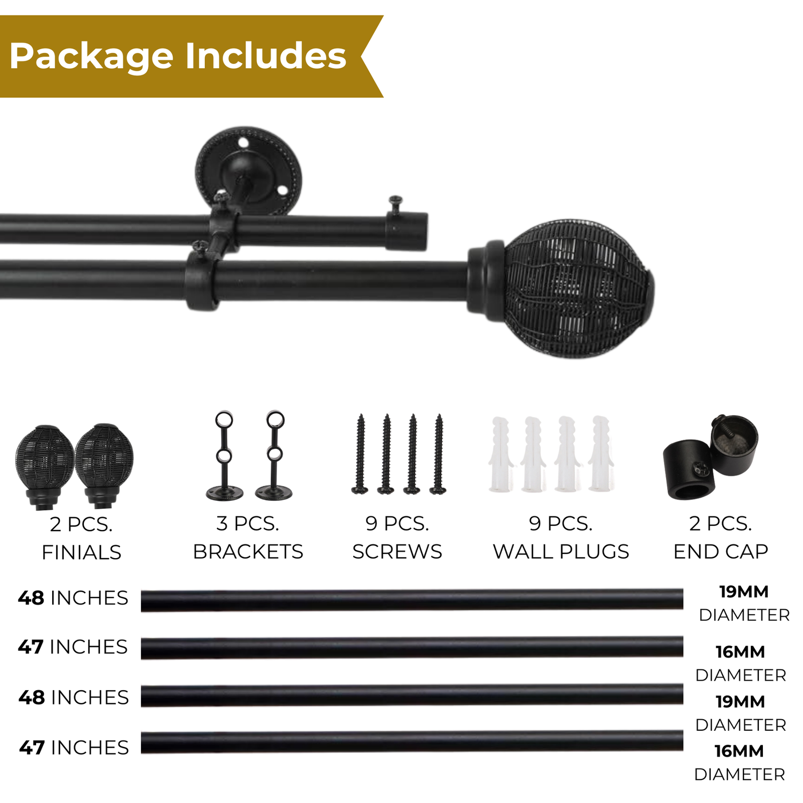 Double Curtain Pole | Matt Black | Extendable & Adjustable | 28-144 Inch | Includes Ball Finials