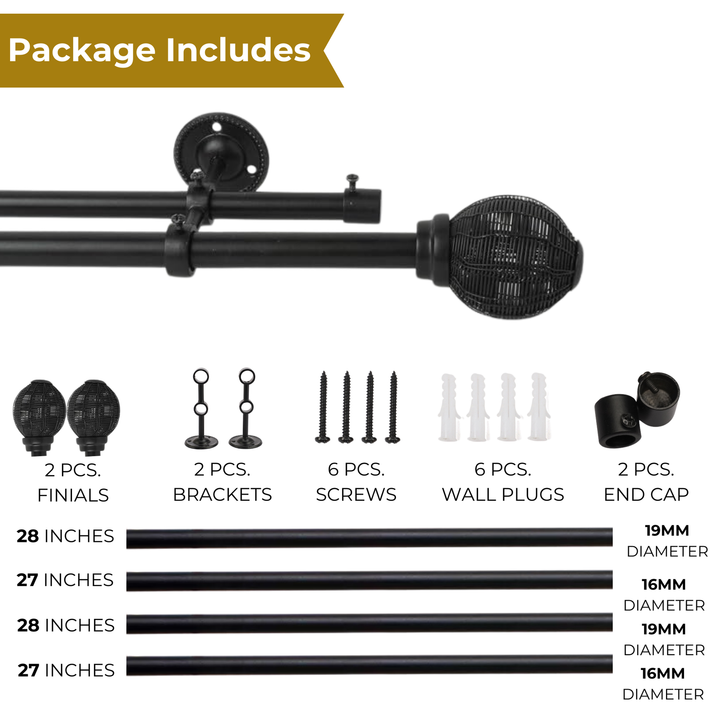 Double Curtain Pole | Matt Black | Extendable & Adjustable | 28-144 Inch | Includes Ball Finials