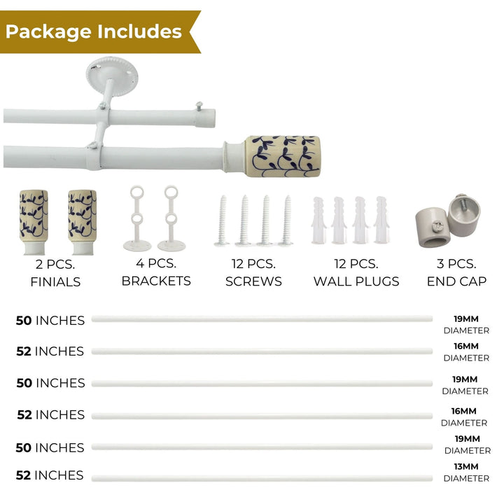 White Double Curtain Pole | Extendable & Adjustable | 28-144 Inch | Includes Ceramic Finials