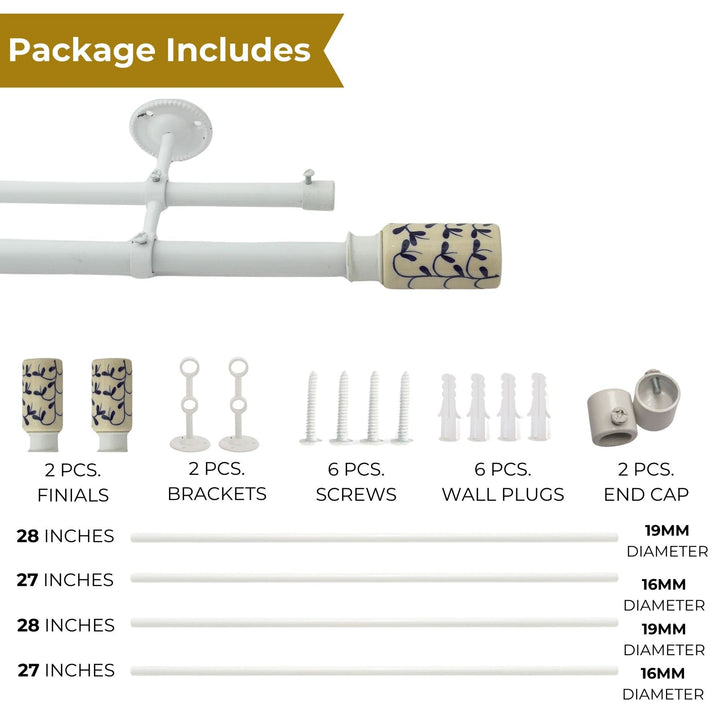 White Double Curtain Pole | Extendable & Adjustable | 28-144 Inch | Includes Ceramic Finials
