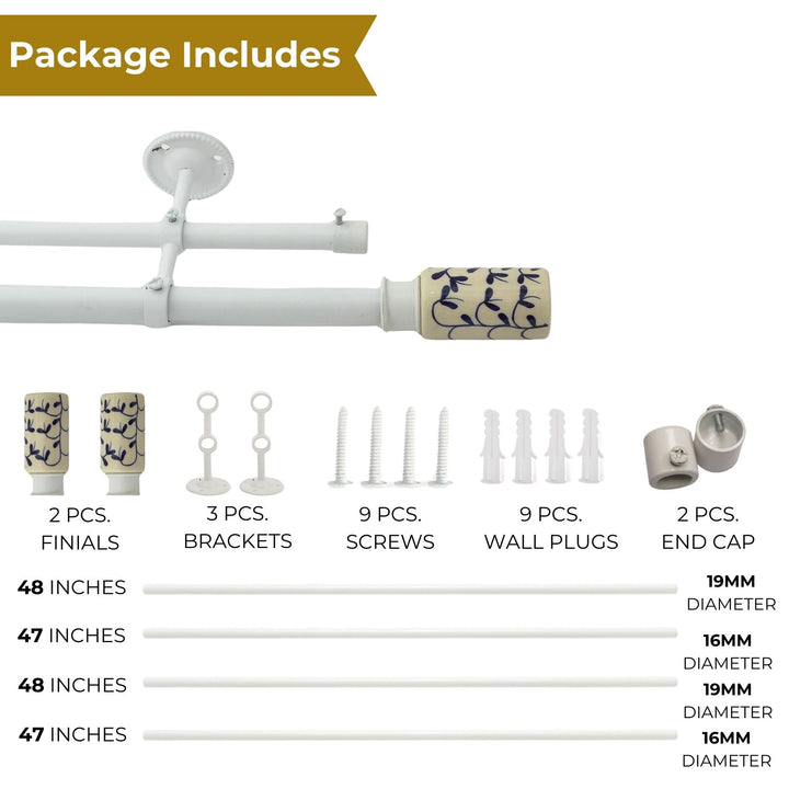 White Double Curtain Pole | Extendable & Adjustable | 28-144 Inch | Includes Ceramic Finials