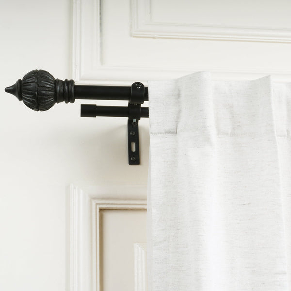 Black Double Curtain Pole Set with Urn Finials - Extendable, Telescopic, Rustproof - 71-122cm, 122-224cm, 213-366cm