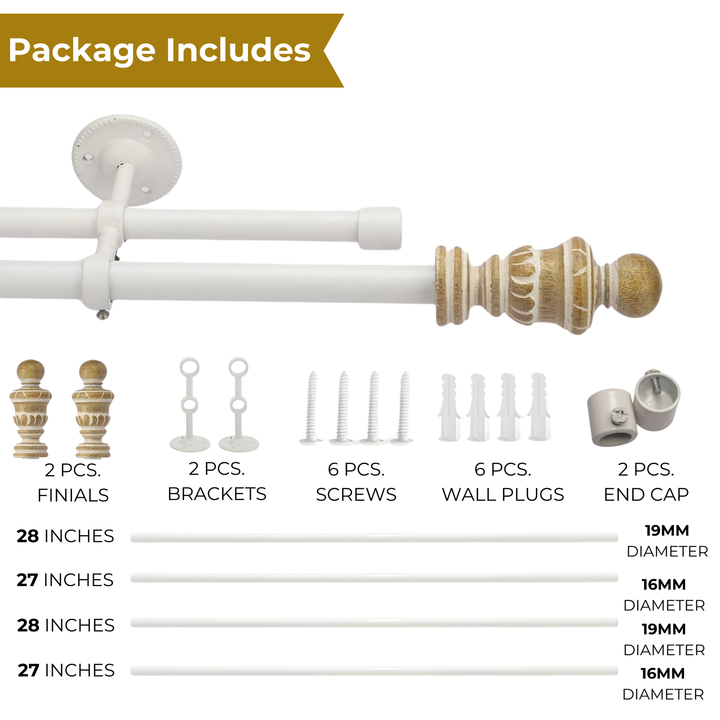 White & Wood Double Curtain Pole | Classic Turned Finials | Extendable | Farmhouse Style