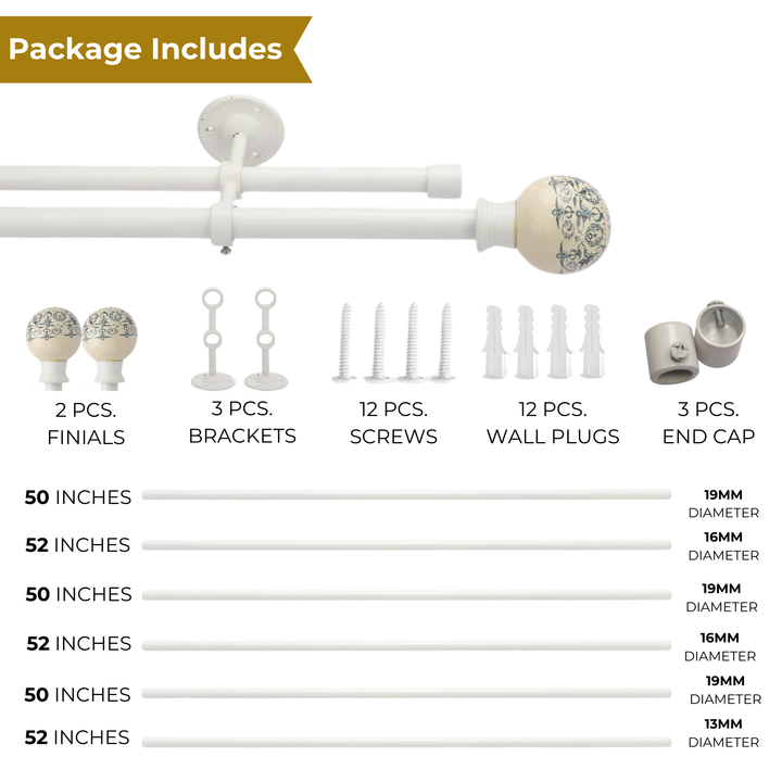 White & Blue Double Curtain Pole | Extendable | Ceramic Floral Finials | 28-144 Inch
