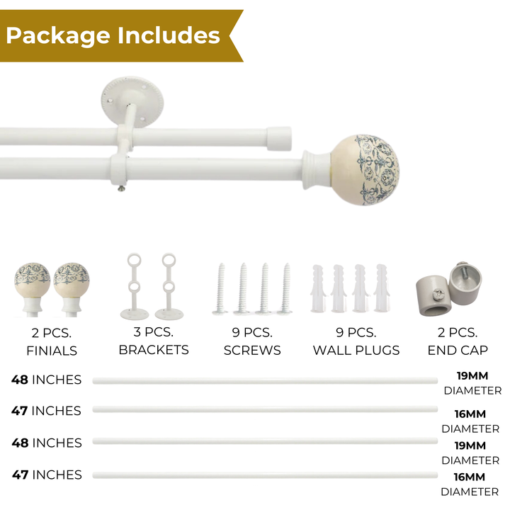 White & Blue Double Curtain Pole | Extendable | Ceramic Floral Finials | 28-144 Inch