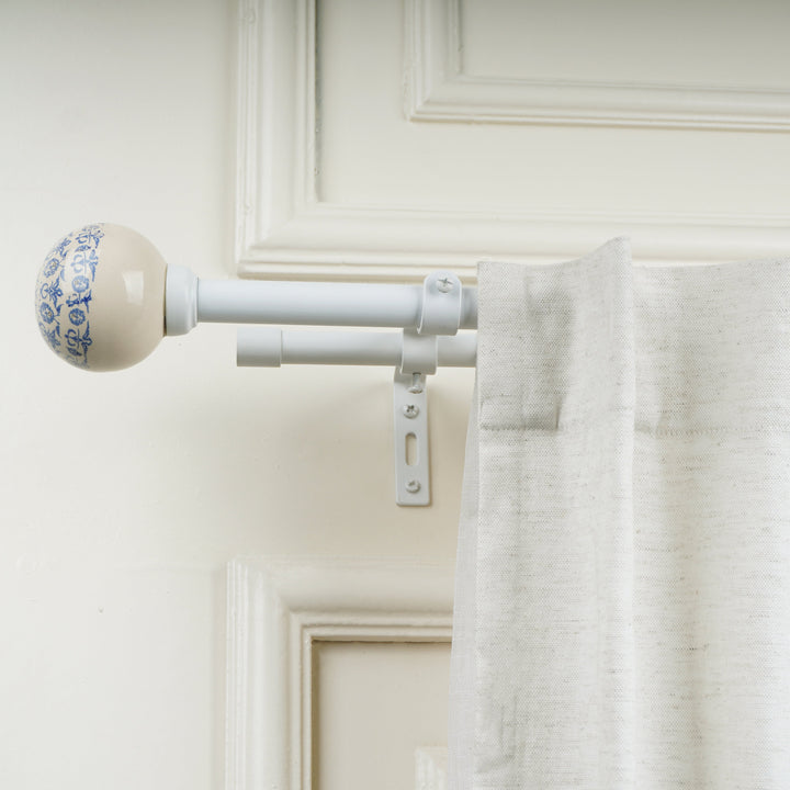 White & Blue Double Curtain Pole | Extendable | Ceramic Floral Finials | 28-144 Inch