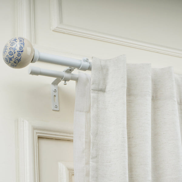 White & Blue Double Curtain Pole | Extendable | Ceramic Floral Finials | 28-144 Inch