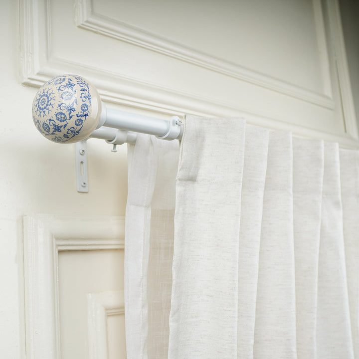White & Blue Double Curtain Pole | Extendable | Ceramic Floral Finials | 28-144 Inch