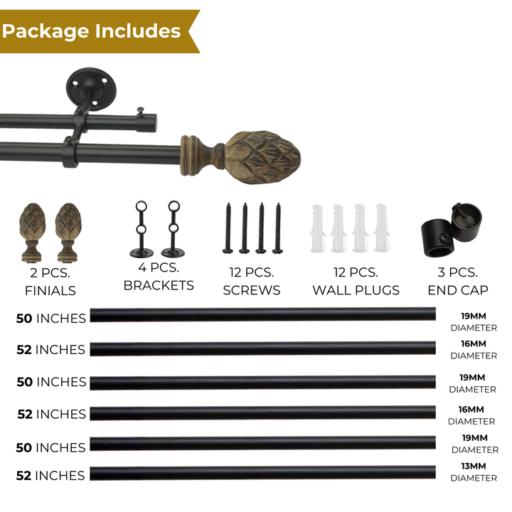 Double Curtain Pole | Black | Extendable & Adjustable | 28-144 Inch | Carved Pineapple Finials