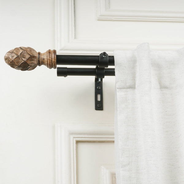 Double Curtain Pole | Black | Extendable & Adjustable | 28-144 Inch | Carved Pineapple Finials