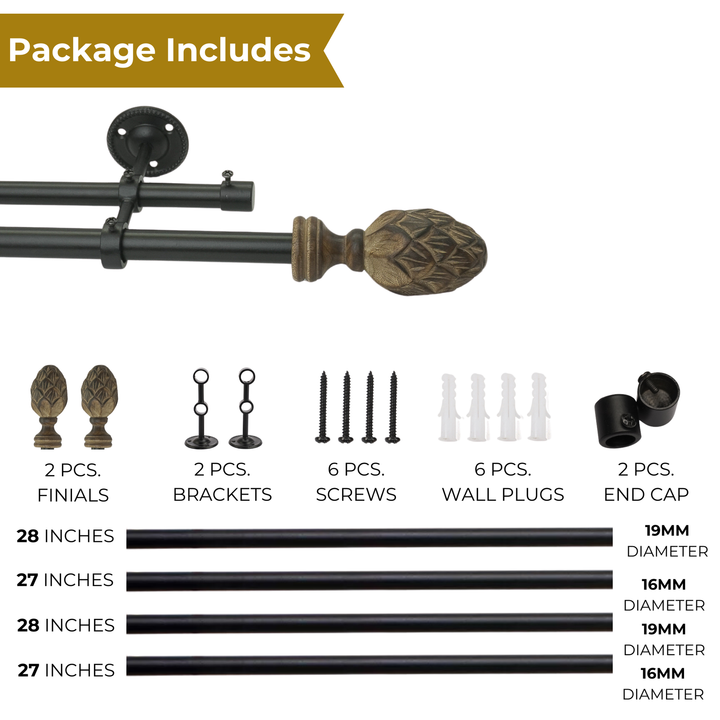 Double Curtain Pole | Black | Extendable & Adjustable | 28-144 Inch | Carved Pineapple Finials