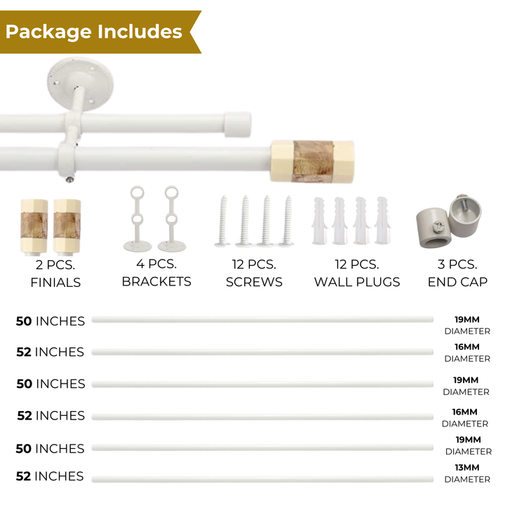 White Double Curtain Pole | Marble & Wood Cylinder Finials | Rustproof | 25KG Load | Modern Style