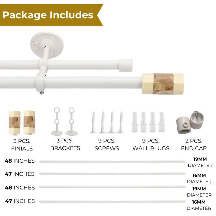 White Double Curtain Pole | Marble & Wood Cylinder Finials | Rustproof | 25KG Load | Modern Style