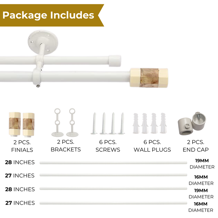 White Double Curtain Pole | Marble & Wood Cylinder Finials | Rustproof | 25KG Load | Modern Style