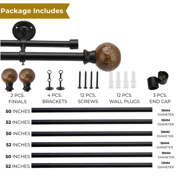 Black Double Curtain Pole | Brown Ceramic Finials | Rustproof | 25KG Load | Traditional Style