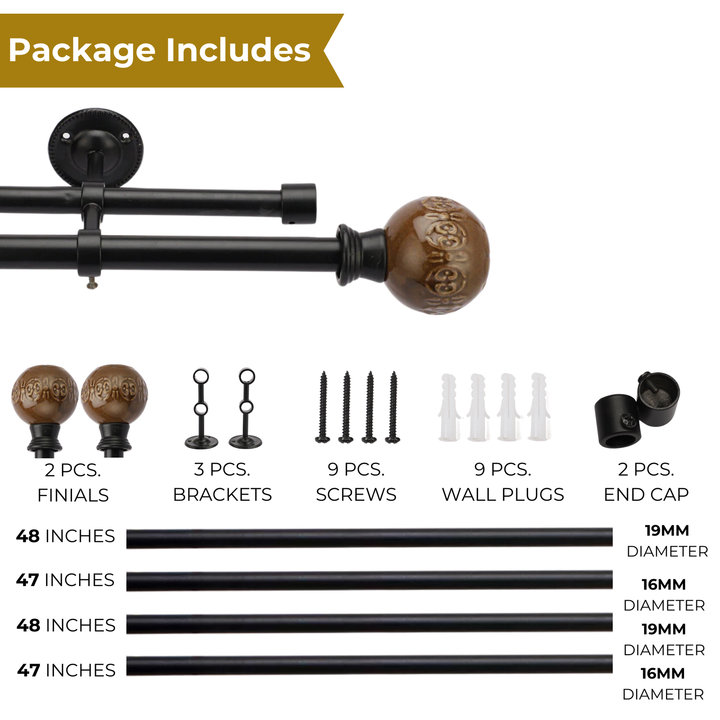 Black Double Curtain Pole | Brown Ceramic Finials | Rustproof | 25KG Load | Traditional Style