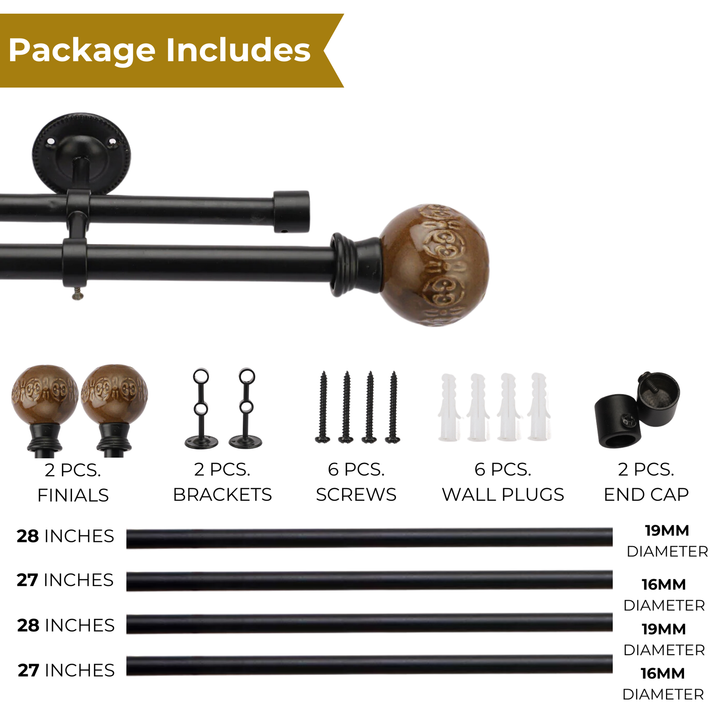 Black Double Curtain Pole | Brown Ceramic Finials | Rustproof | 25KG Load | Traditional Style