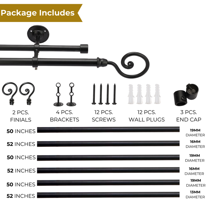 Black Double Curtain Pole | Twist Finials | Rustproof | 25KG Load | Modern Style