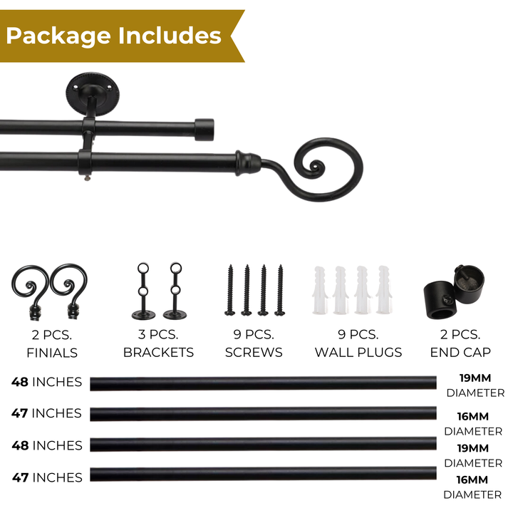 Black Double Curtain Pole | Twist Finials | Rustproof | 25KG Load | Modern Style