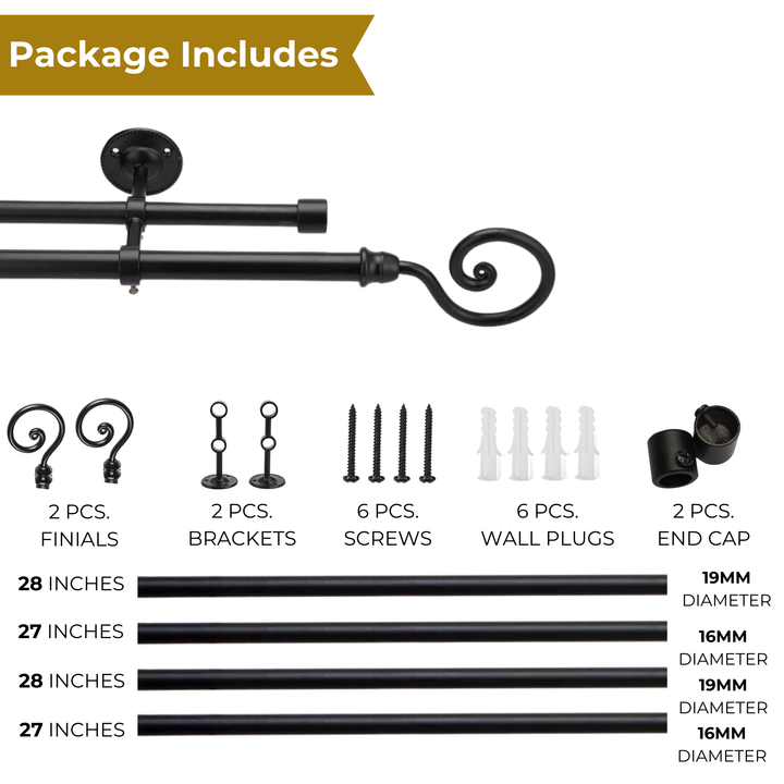 Black Double Curtain Pole | Twist Finials | Rustproof | 25KG Load | Modern Style