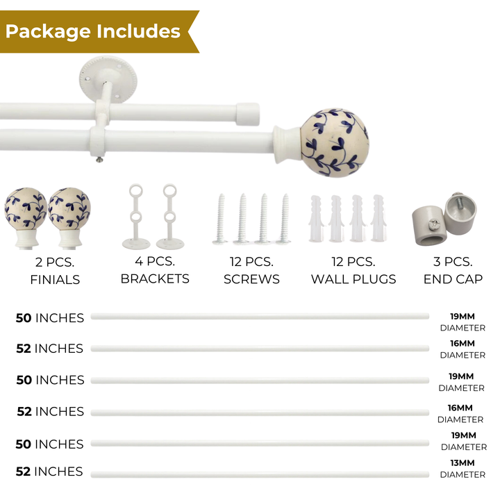 White Double Curtain Pole | Swirl Finials | Rustproof | 25KG Load | Modern Style