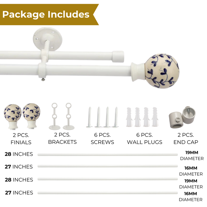 White Double Curtain Pole | Swirl Finials | Rustproof | 25KG Load | Modern Style