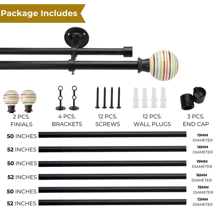 Black Metal Double Curtain Rod | Colorful Ball Finials | Extendable