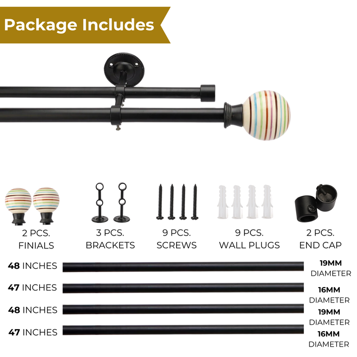 Black Metal Double Curtain Rod | Colorful Ball Finials | Extendable