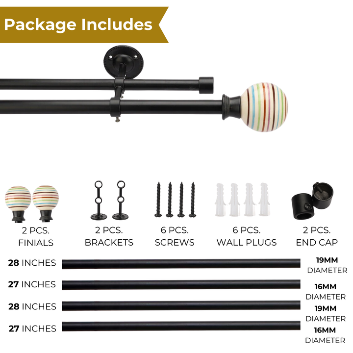 Black Metal Double Curtain Rod | Colorful Ball Finials | Extendable