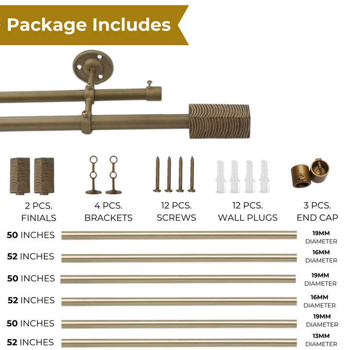 Extendable Double Curtain Pole with Square Scarred Wood Finials | Telescopic Curtain Pole | 28-144 Inch | Anti-Rust