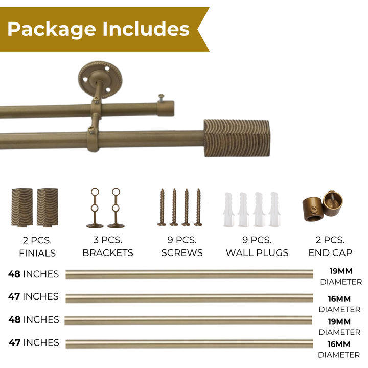 Extendable Double Curtain Pole with Square Scarred Wood Finials | Telescopic Curtain Pole | 28-144 Inch | Anti-Rust