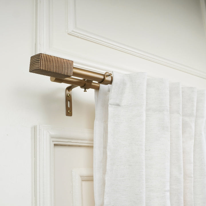 Extendable Double Curtain Pole with Square Scarred Wood Finials | Telescopic Curtain Pole | 28-144 Inch | Anti-Rust