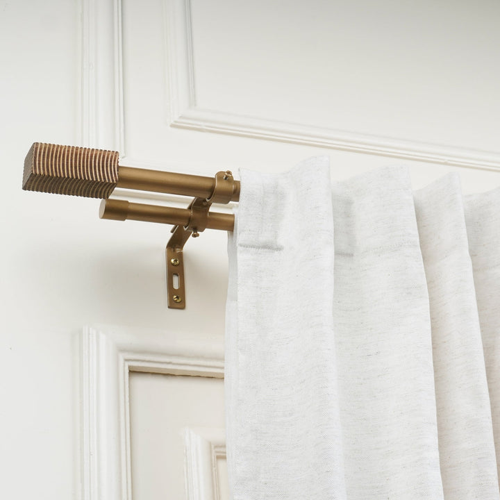 Extendable Double Curtain Pole with Square Scarred Wood Finials | Telescopic Curtain Pole | 28-144 Inch | Anti-Rust