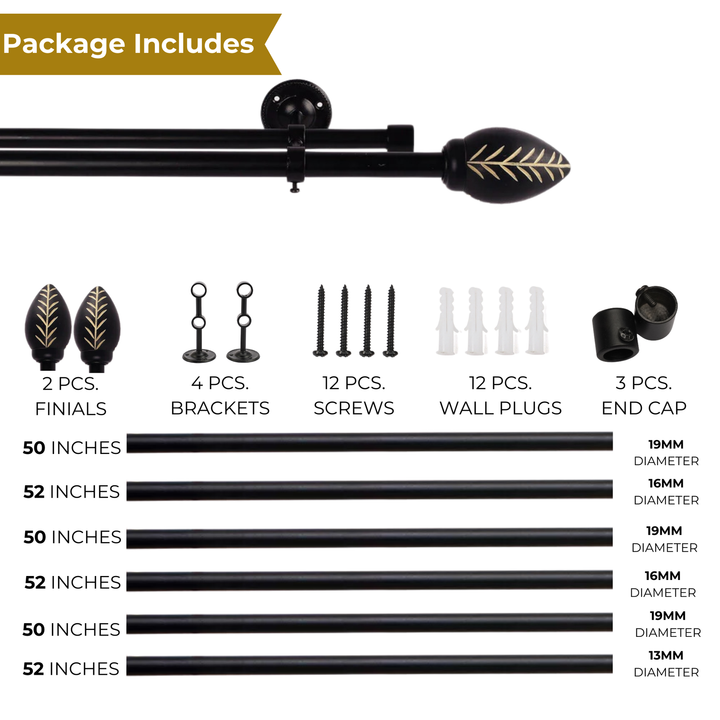 Black Extendable Double Curtain Pole for Doors & Windows | Wooden Hand Painted Bud Finials | Leaf Pattern