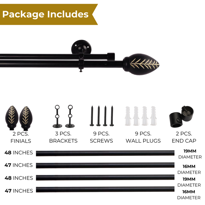 Black Extendable Double Curtain Pole for Doors & Windows | Wooden Hand Painted Bud Finials | Leaf Pattern