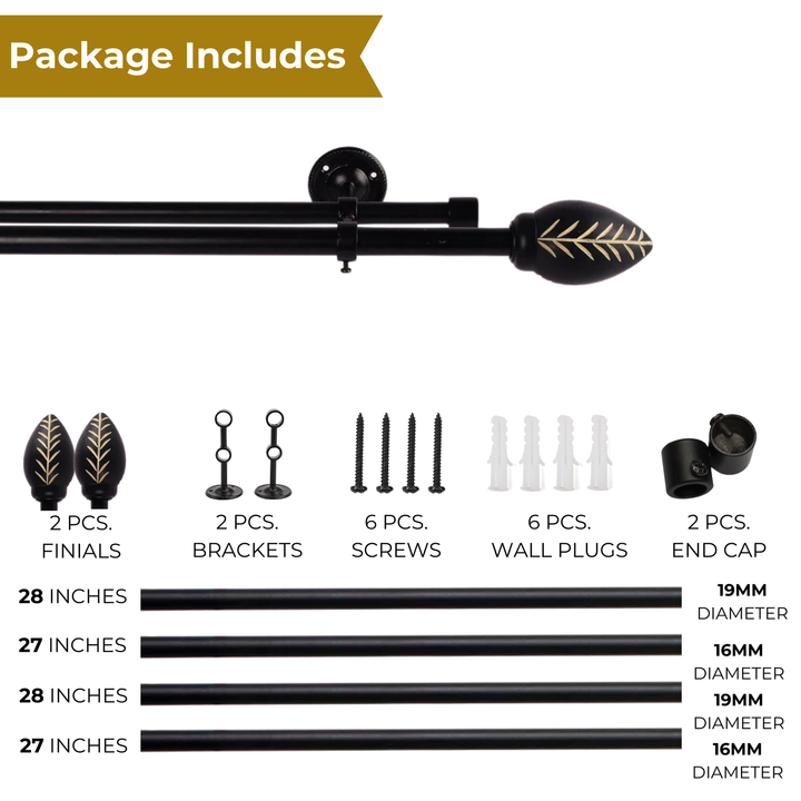 Black Extendable Double Curtain Pole for Doors & Windows | Wooden Hand Painted Bud Finials | Leaf Pattern