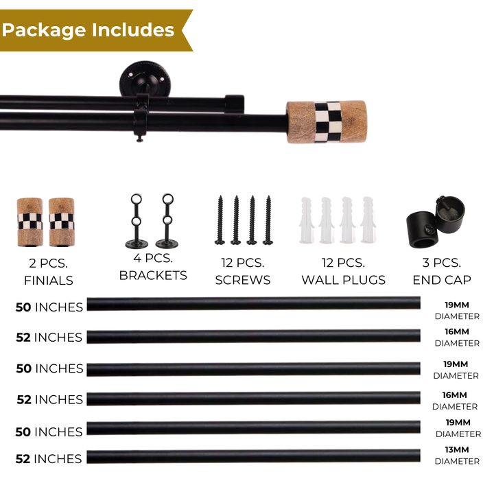 Black Metal Double Curtain Rod | Wood & Checkered Finials | Extendable