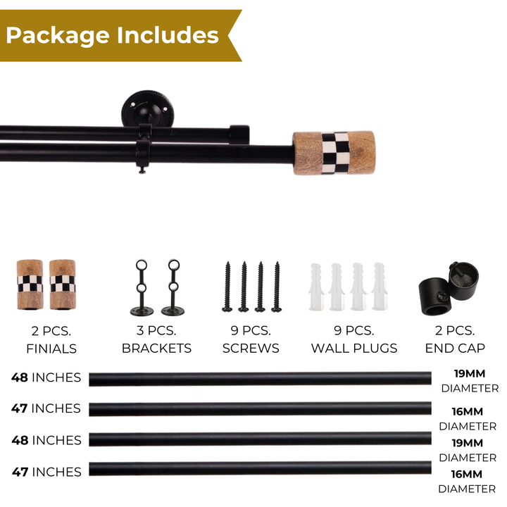 Black Metal Double Curtain Rod | Wood & Checkered Finials | Extendable