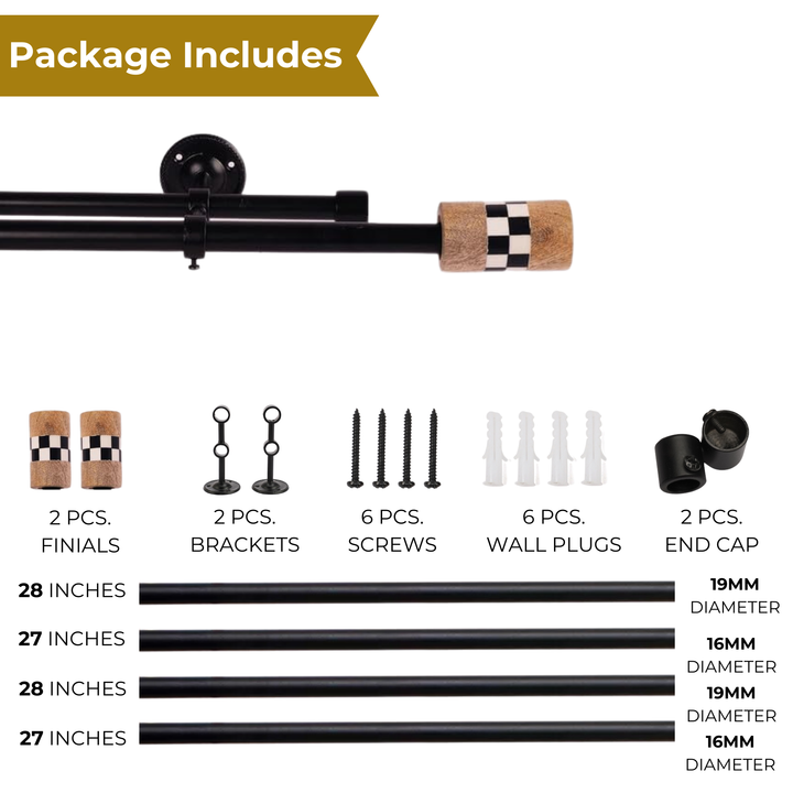 Black Metal Double Curtain Rod | Wood & Checkered Finials | Extendable