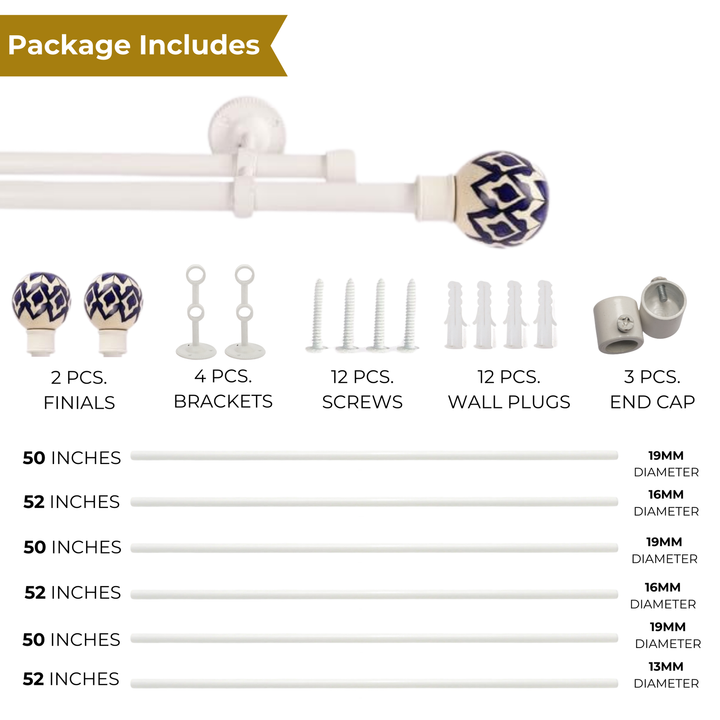 White Extendable Double Curtain Pole | Blue & White Ceramic Finials | Persian Hand Painted Pattern