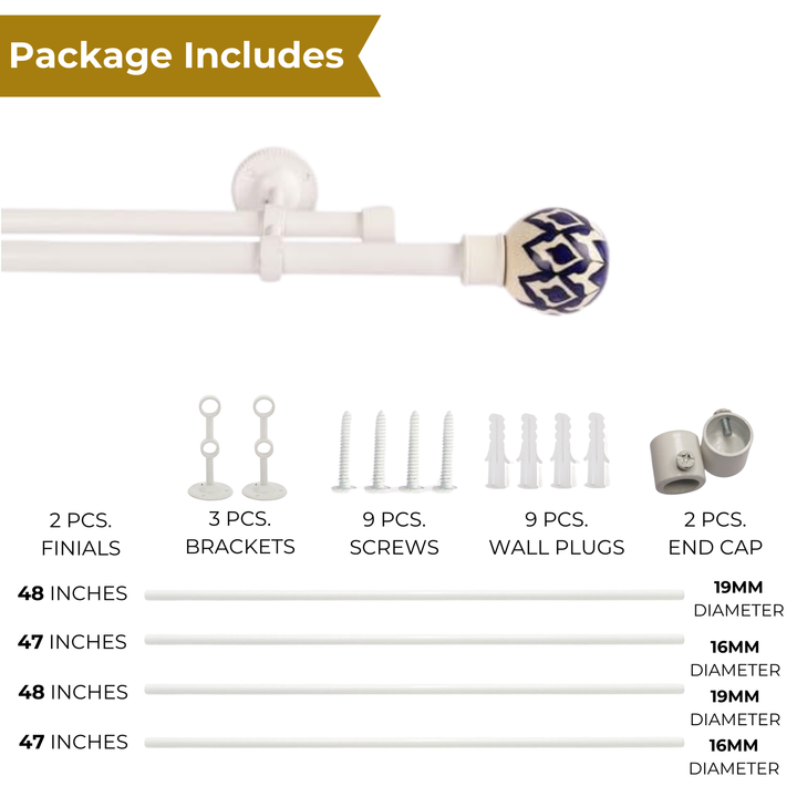 White Extendable Double Curtain Pole | Blue & White Ceramic Finials | Persian Hand Painted Pattern