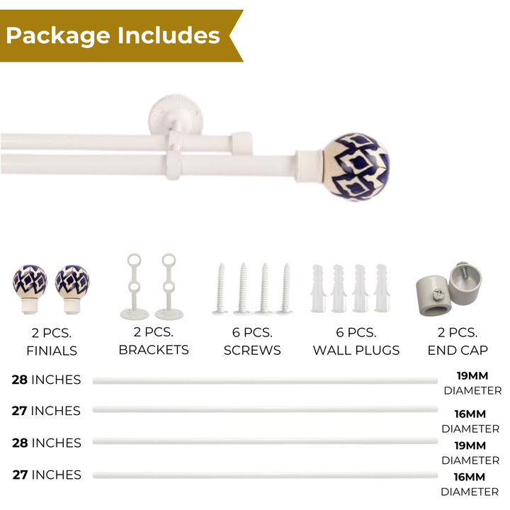 White Extendable Double Curtain Pole | Blue & White Ceramic Finials | Persian Hand Painted Pattern