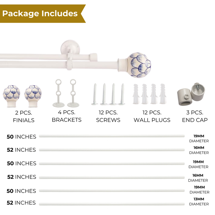 Cream & Blue Double Curtain Pole | Ball Finials | Rustproof | 25KG Load | Classic Style